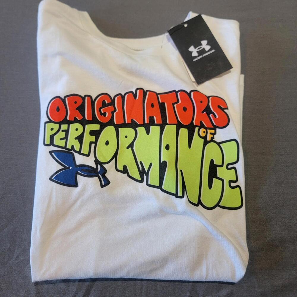 (YL) Under Armour Boys "Originator Of Performance" T-Shirt White New With Tags